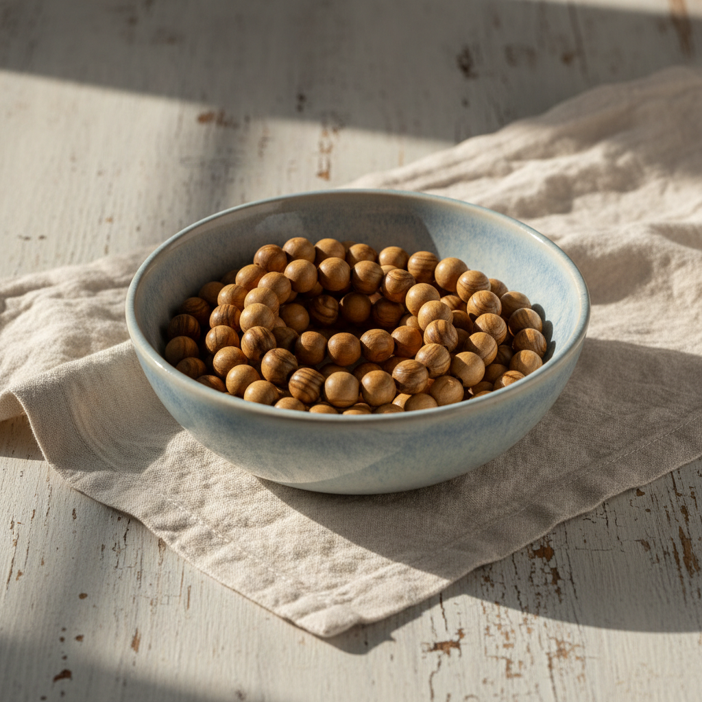 A muted ceramic rosary bowl with delicate blue and white glaze, perfectly round and smooth, filled with prayer beads made of polished olive wood nestled inside. The bowl is set on a minimalist linen cloth in soft cream hues atop a weathered, pale wooden table. Soft, natural afternoon light streams in from the side, gently illuminating the shapes and curving lines of the bowl and beads while casting graceful, understated shadows. The scene evokes a sense of gentle faith and quiet reflection. Captured at a slightly elevated angle using the rule of thirds, the composition balances elegance and clarity, highlighting simplicity and reverence in a refined, photographic minimalist style.