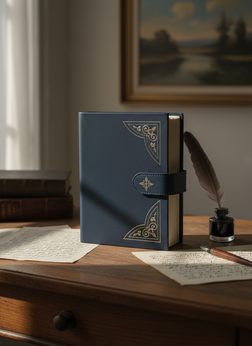 An elegantly bound leather journal with a rich, matte navy cover and subtle gold-embossed detailing, its textured surface catching faint light. The journal rests atop an antique wooden writing desk with a muted walnut finish, surrounded by a few scattered, handwritten pages and an ink pen. Gentle, diffused morning light filters through a nearby window, casting soft, elongated shadows across the desk and highlighting the journal's refined contours. The mood is contemplative and serene, evoking a quiet moment of creativity and introspection. The composition is shot from an eye-level angle with a selective focus on the journal, softly blurring the background for a minimalist, sophisticated, photographic-realism effect, perfectly aligned with the website’s introspective authorial theme.